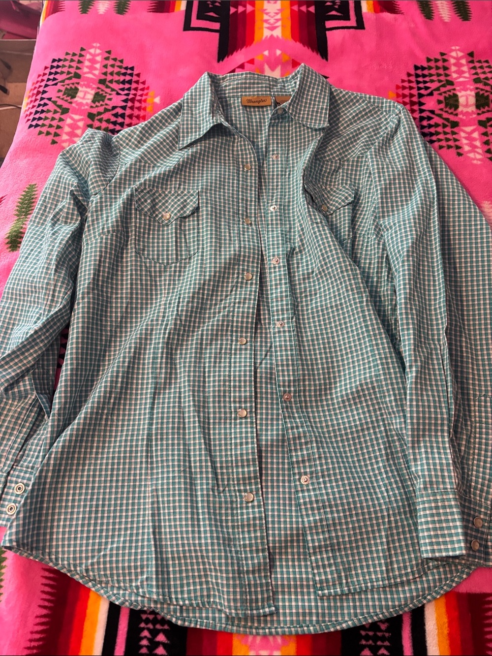 Wrangler Teal and White Check Button-Down Shirt